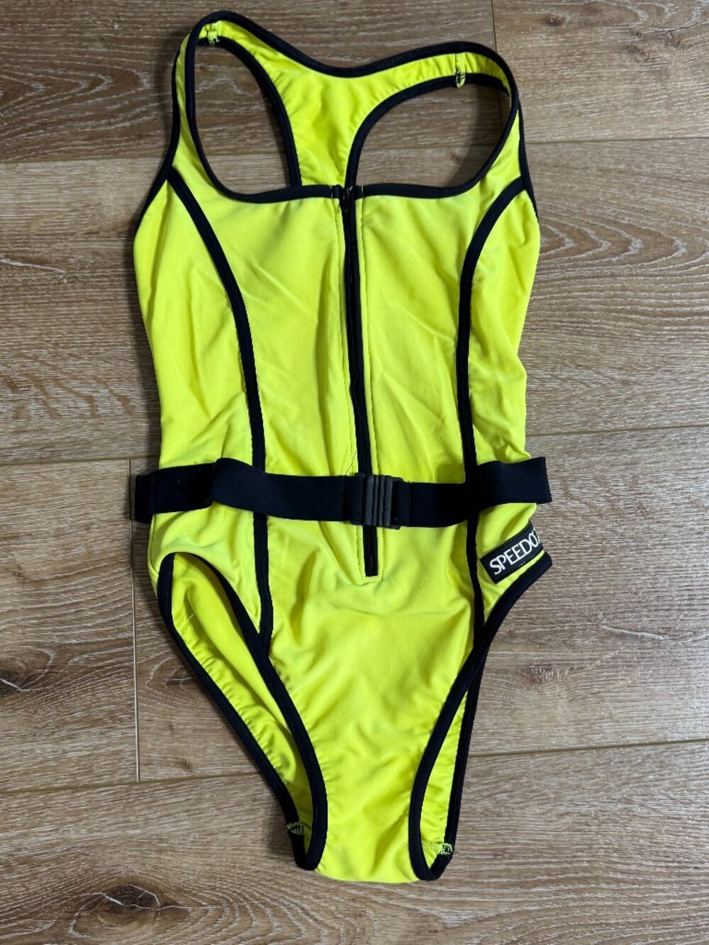SPEEDO 1990s Neon Yellow Belted One Piece Zip Up Swimsuit Bathing Size 6 Barbie